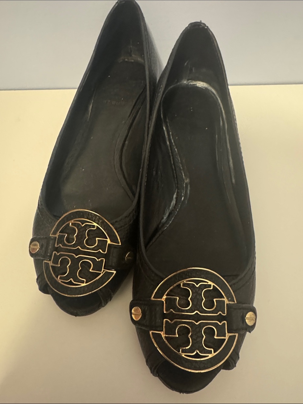 Tory Burch Amanda Black Leather Peep Toe Demi Wedge Pumps Size 6